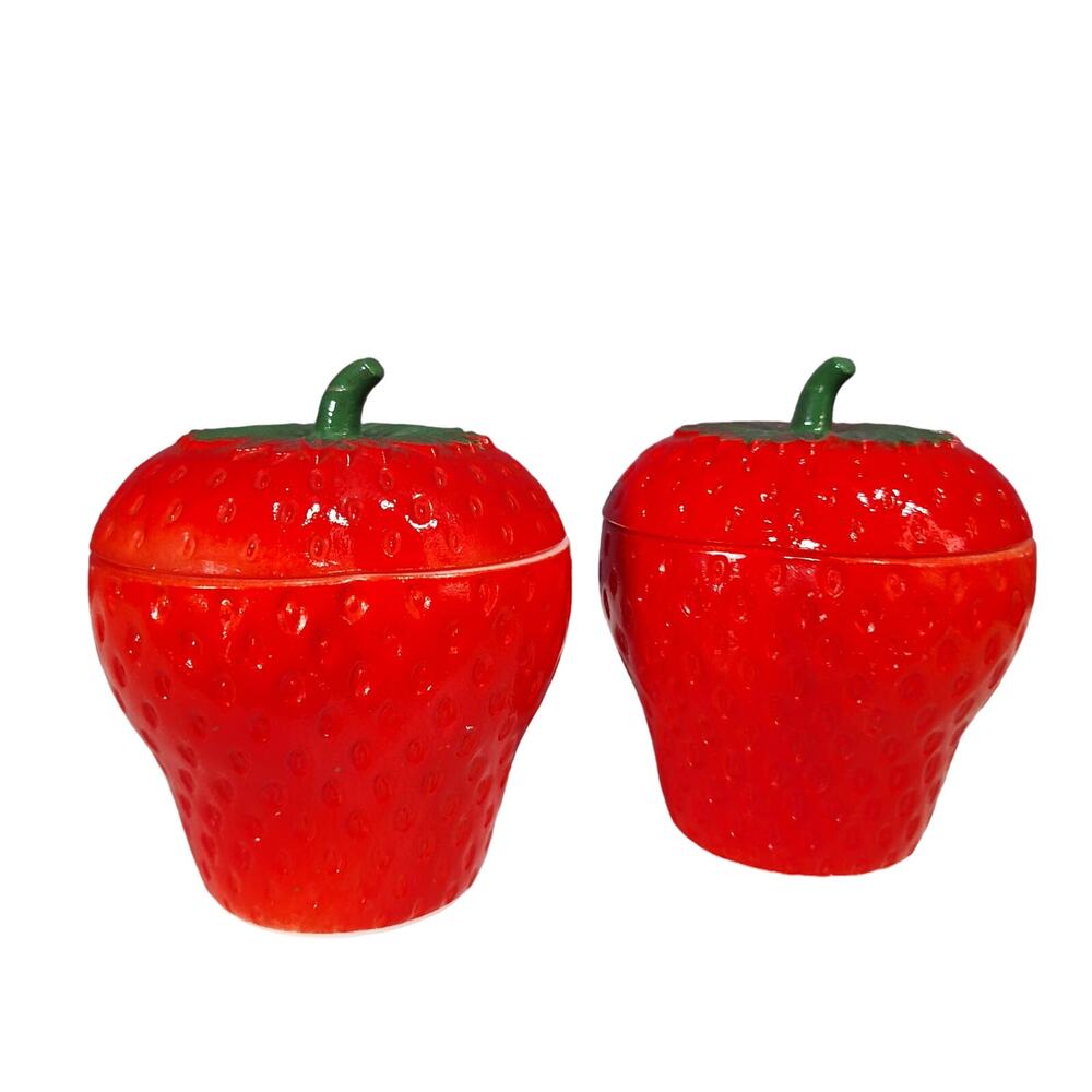 Vintage handprints glass strawberry mini canister jar with lid set of 2